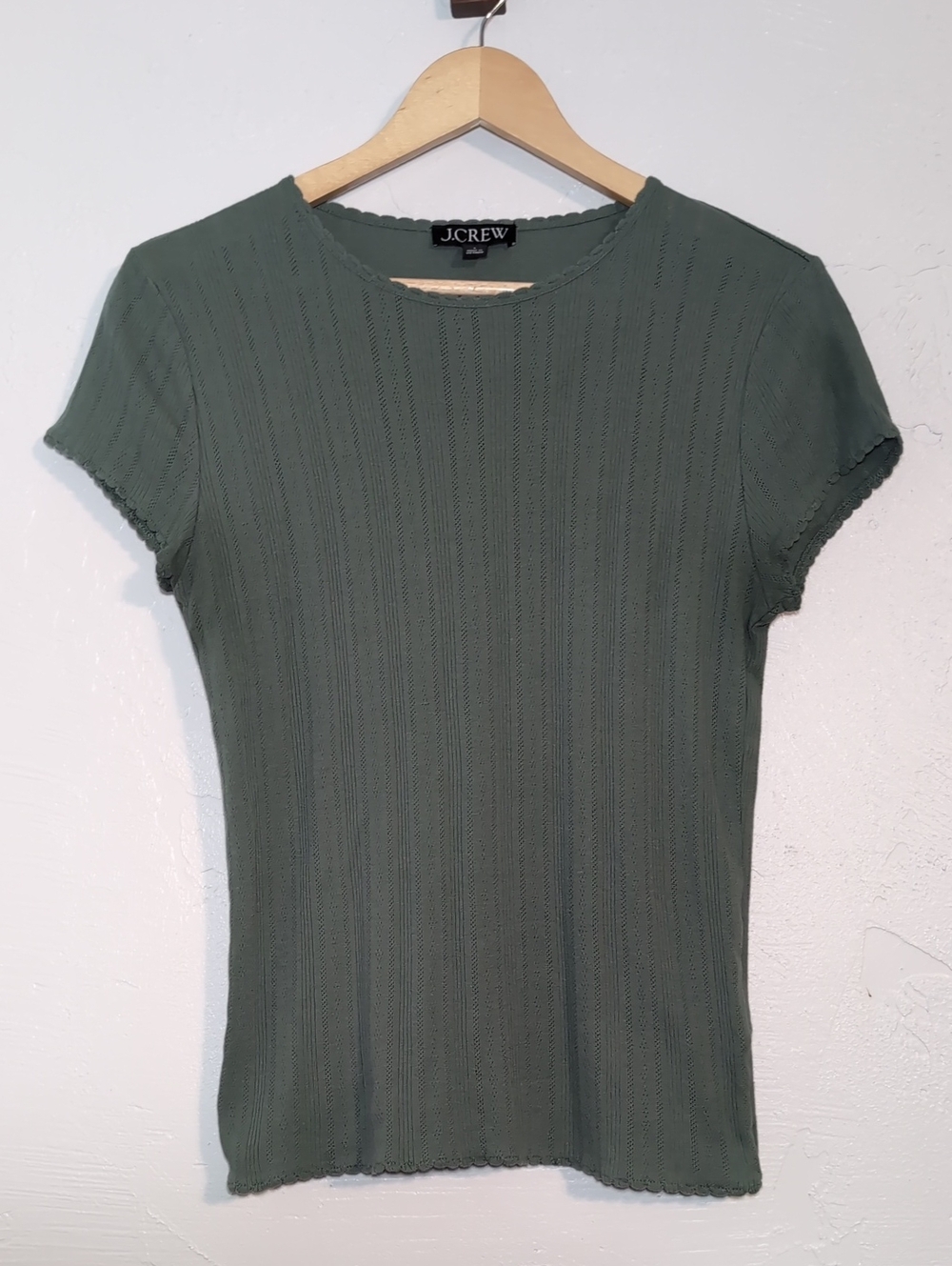 J. Crew Women's Sage Green Pointelle Knit Basic Cotton Tshirt Capsule Casual